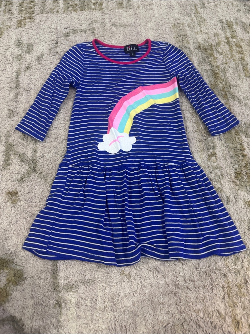 Lilt Toddler Girl 3/4 Sleeve Blue Dress with Rainbow Applique 3T